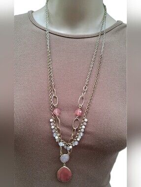 LOFT Layered Gold Tone Genuine Strawberry Quartz Rose Quartz Teardrop Necklace